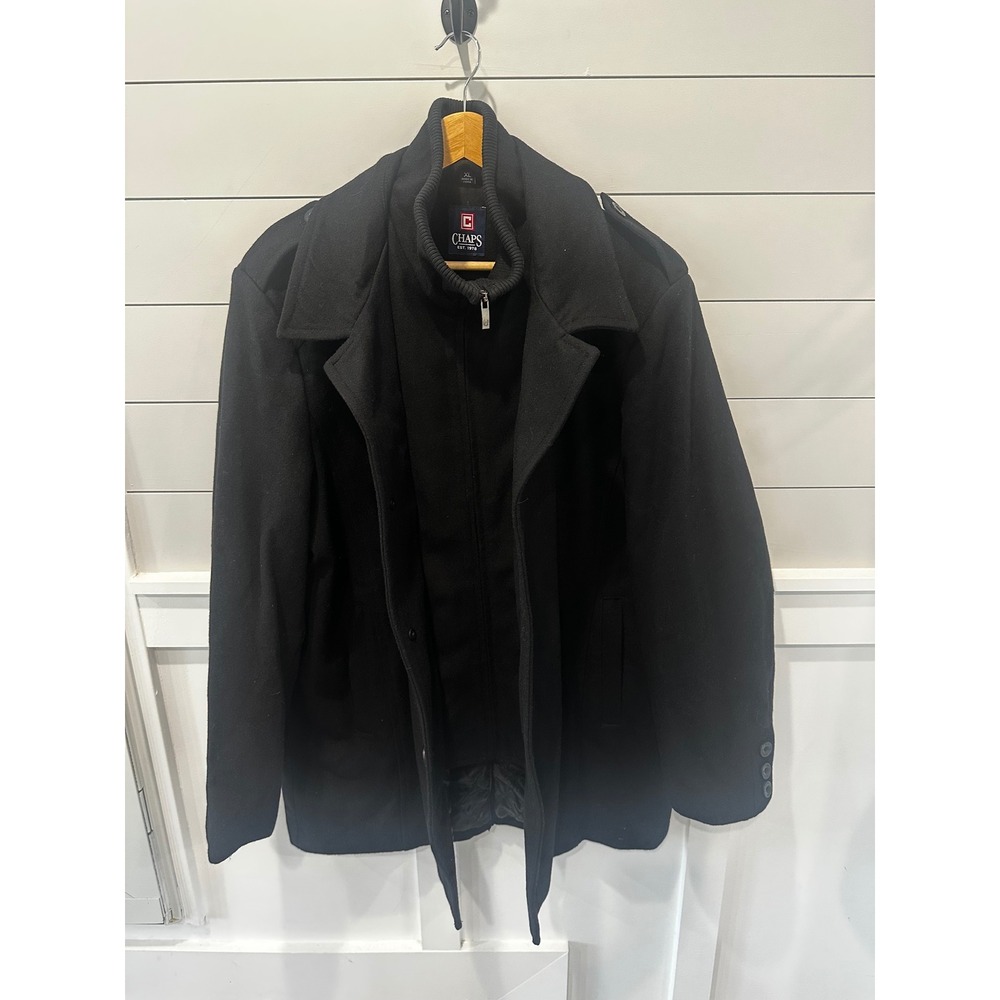 Chaps Mens Black Wool Blend Car Coat Jacket with Inner Ribbed Zip Bib XL